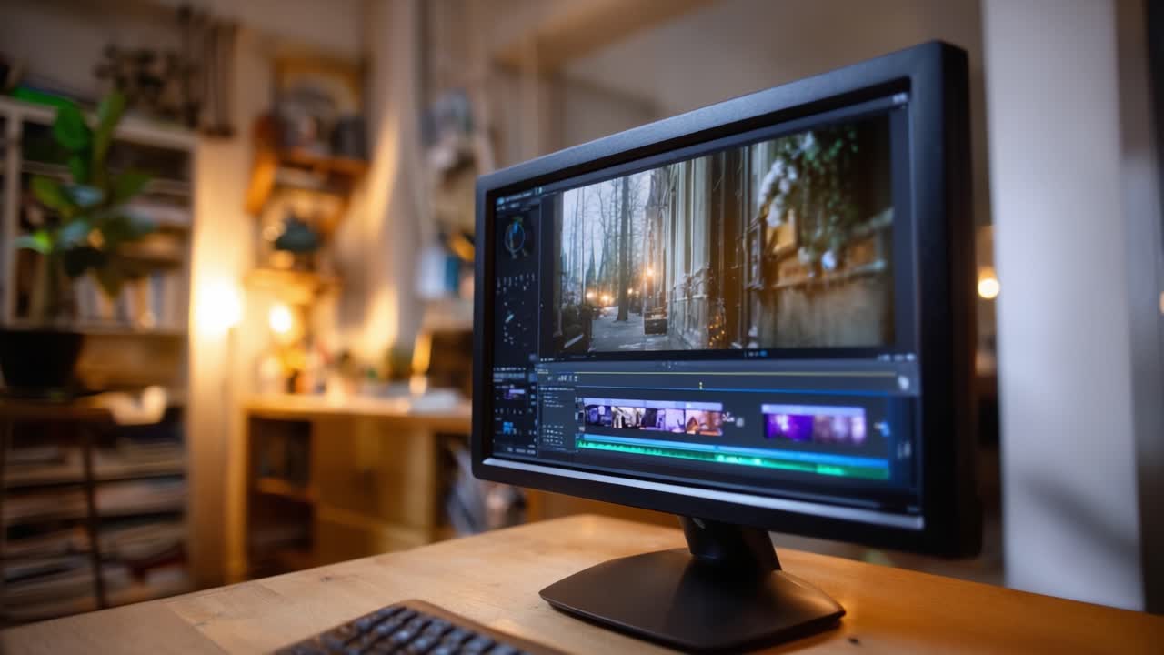 A Stylish Workspace Featuring a Computer Monitor Capturing a Serene Scene, Ideal for Video Editing and Creative Inspiration in a Cozy Environment