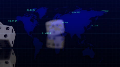 World-map-with-numbers-and-dice-rolling-animation-over-blue-grid-background