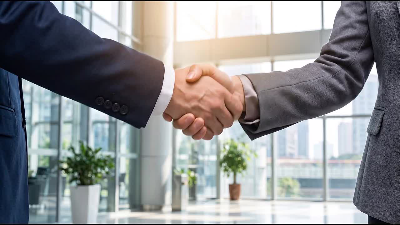 Stretta di mano professionale d'affari all'interno di un luminoso ufficio, che rappresenta fiducia, accordo e partnership.