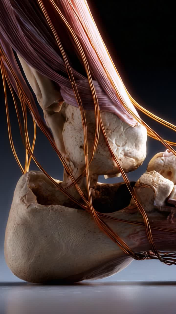 Intricate Anatomy of the Human Ankle: A Close-up of Muscles, Bones, and Nerves with Detailed Textures and Structures Exhibiting Human Physiology