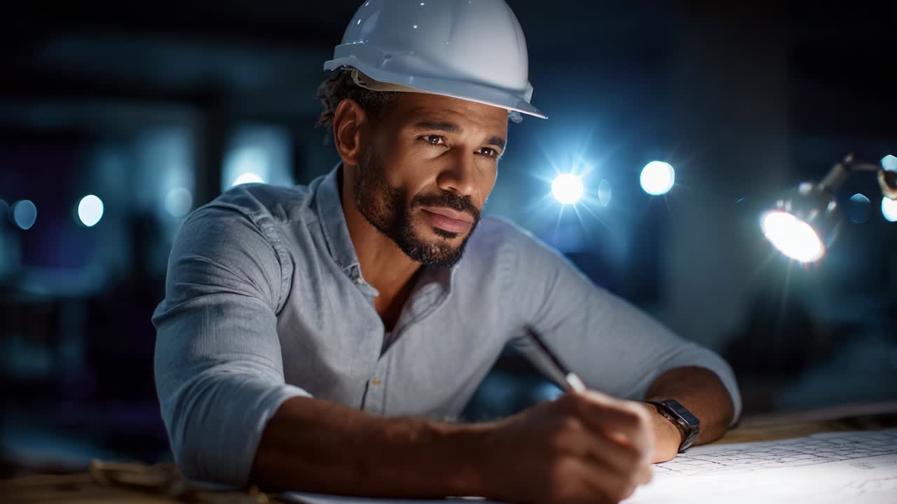 Focused Engineer in Hard Hat Analyzing Technical Plans in Dimly Lit Workspace with Dramatic Lighting, Highlighting Attention to Detail and Professionalism in Project Innovation and Development