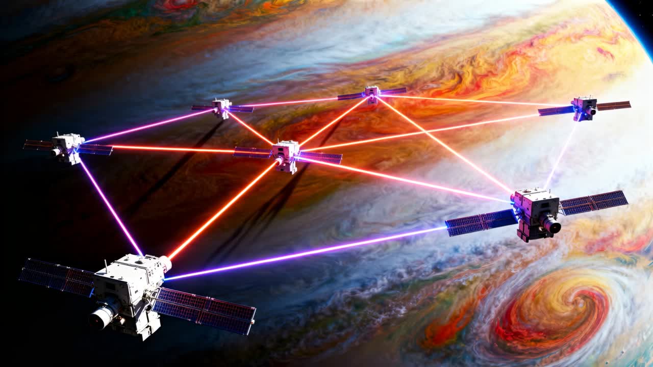 Six cube satellites orbiting gas giant, receiving pulses and emitting pulsing laser links for comms