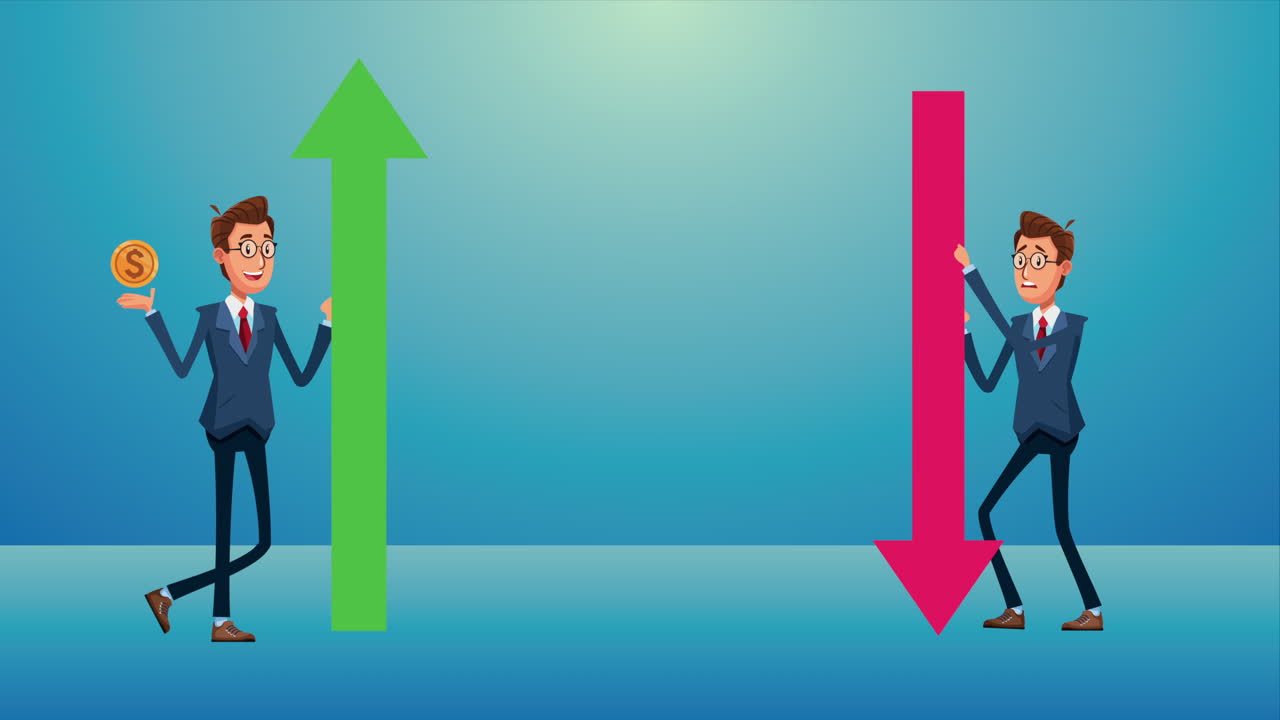 상승 및 하락 화살표를 가진 우아한 사업가 애니메이션 캐릭터