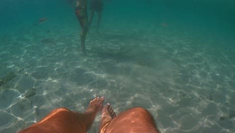 underwater personal perspective view of man legs floating in clear transparent sea water, slow motion