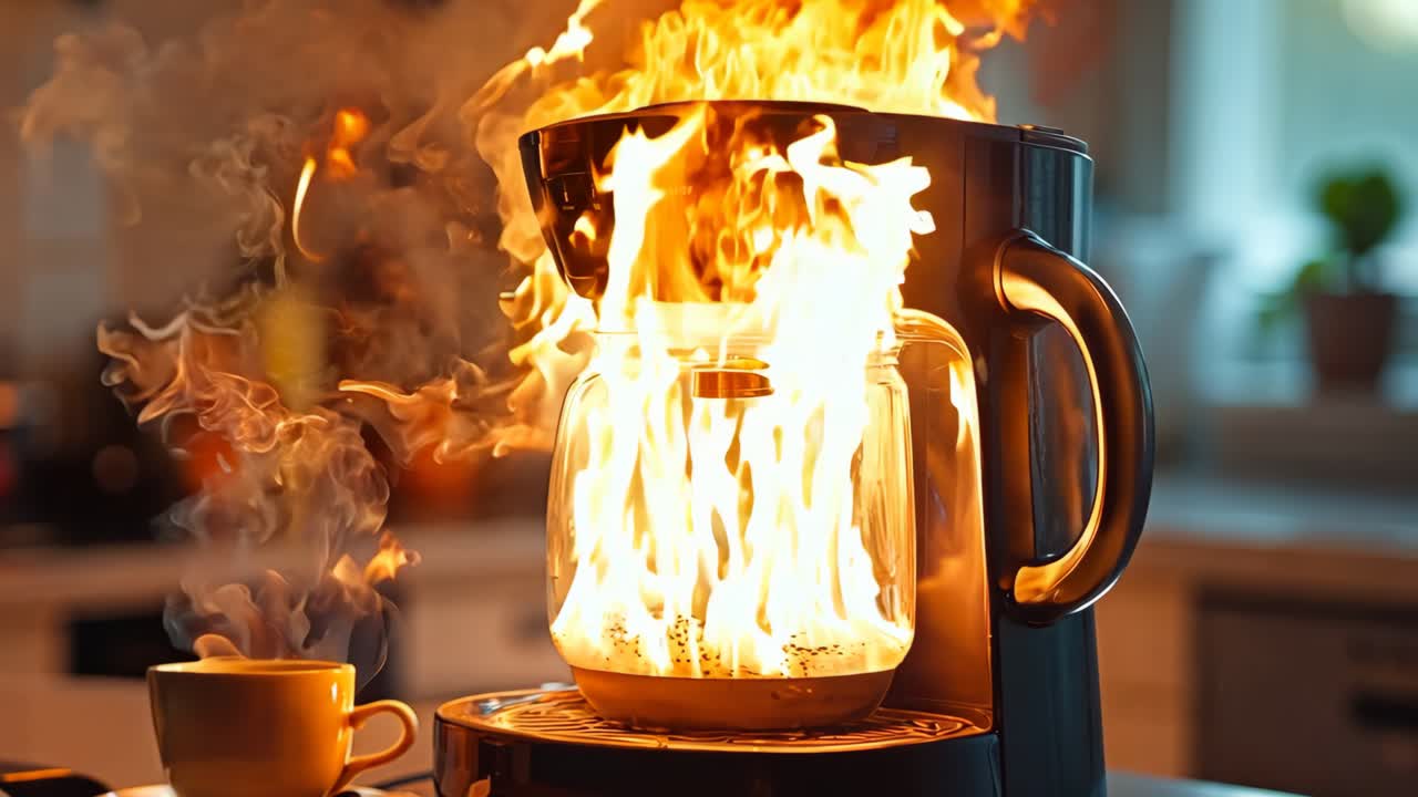 테이블 위에 커피 한 잔을 가진 커피 메이커에서 불꽃이 나옵니다.