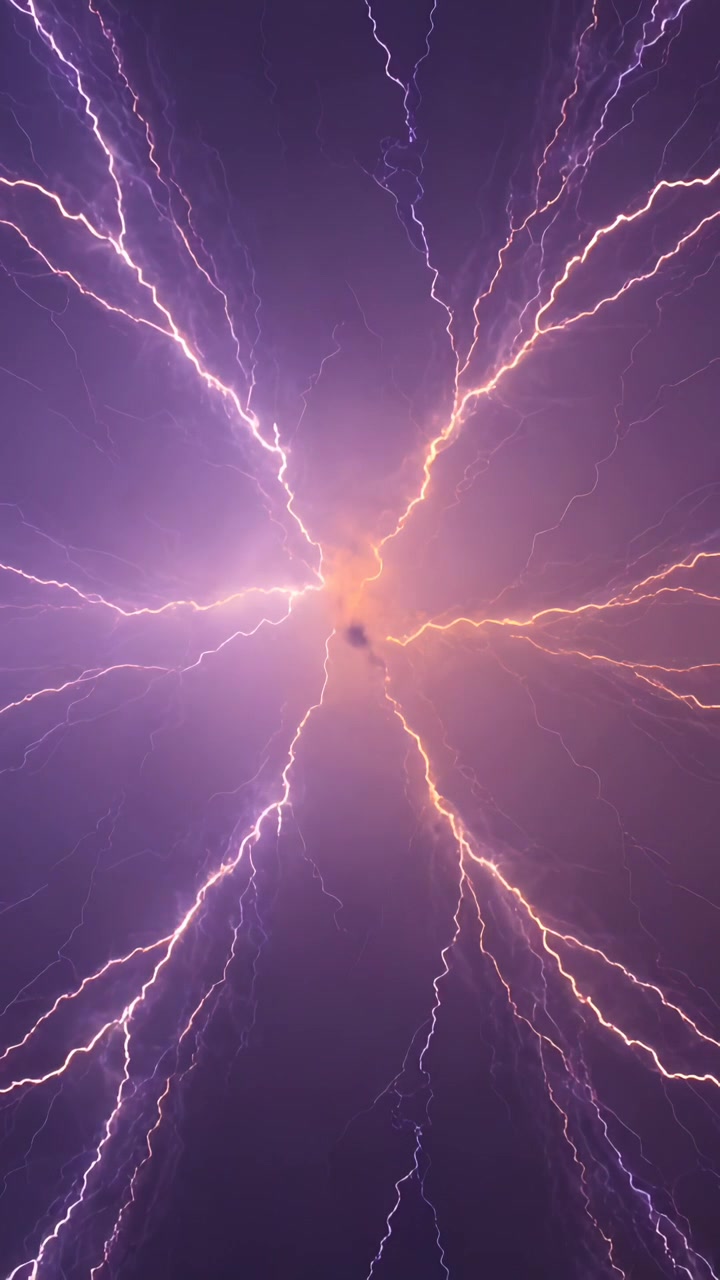 Vertical video: Releasing charge core sending branched bolt across purple night sky with dark speck