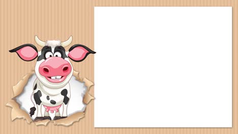 la vaca de dibujos animados estalla humorísticamente a través de la pared de papel