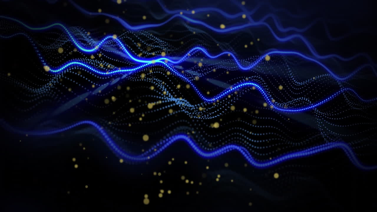 Animation of yellow spots and blue shapes over black background