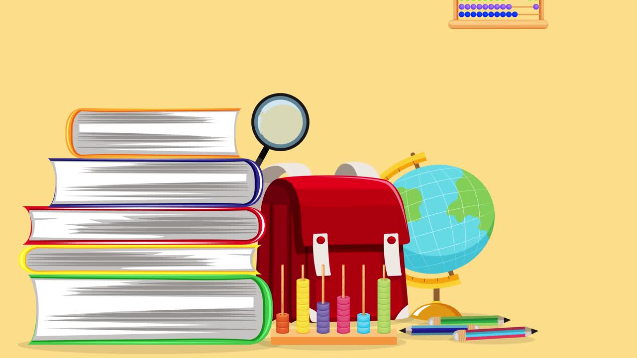 School supplies accumulate around a backpack.