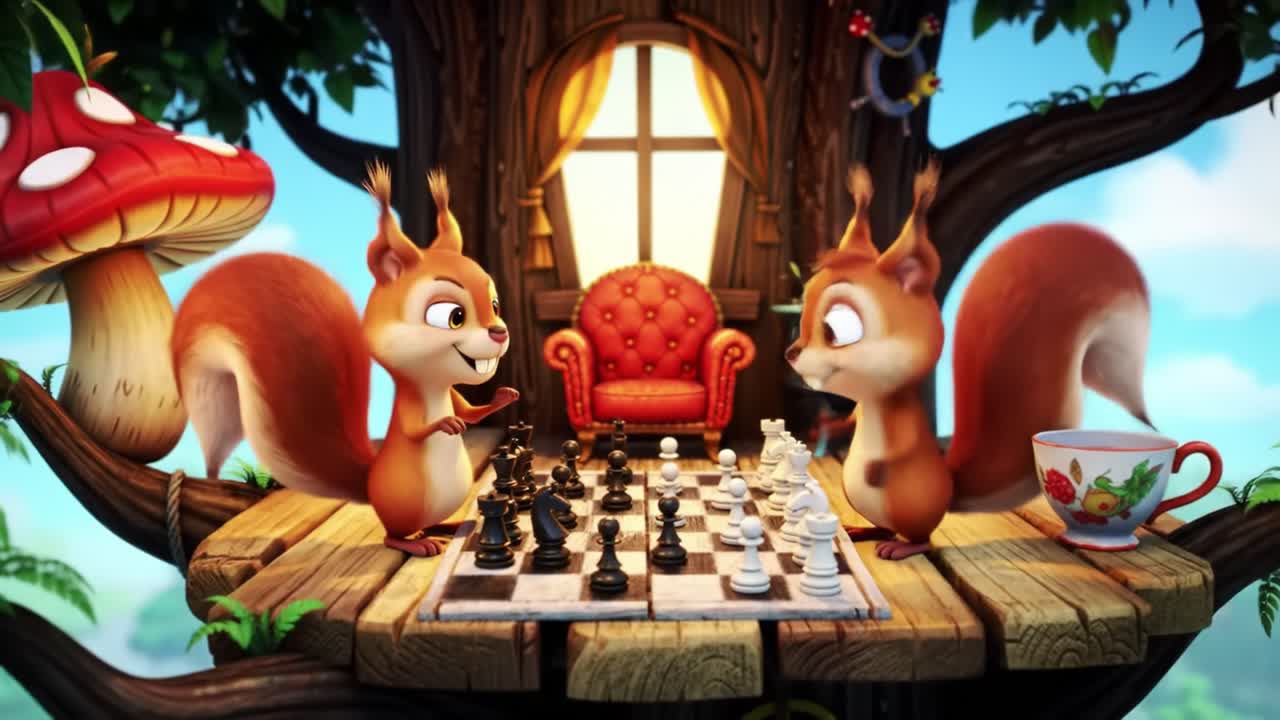 Two animated squirrels engage in an intense chess match atop a whimsical treehouse, surrounded by vibrant foliage and a cozy interior, showcasing friendship and strategy