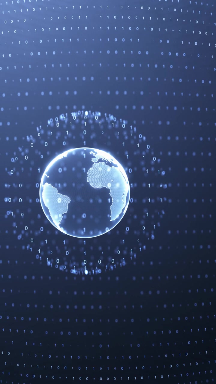 Digital globe binary code background with glowing white earth floating zero one symbols and dark