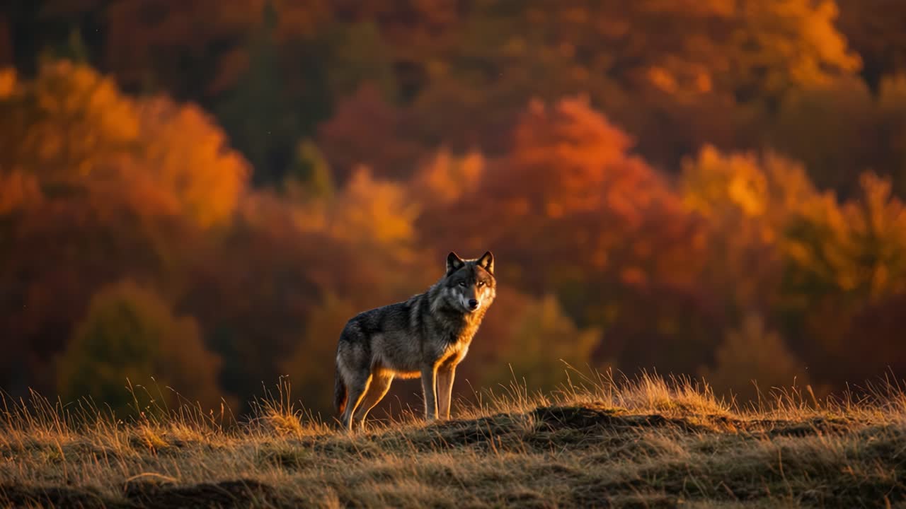 A Majestic Wolf in Autumn Landscape: Captivating Scenes of Wilderness Showcasing the Beauty of Nature During Fall with Fiery Colors and Untamed Spirit