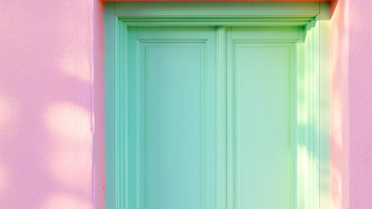 Porta verde-menta em parede de estuque rosa banhada por luz solar quente, sombras em forma de folha dançando pelos painéis, close-up.