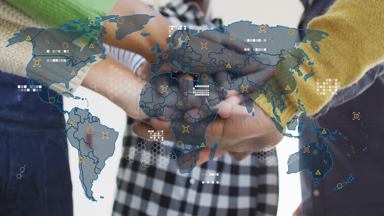 Colleagues joining hands fading transparent map overlay animating icons showing tech connectivity
