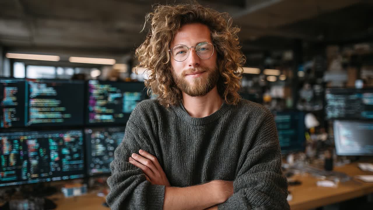 Un jeune homme sûr de lui, aux cheveux bouclés et portant des lunettes, sourit chaleureusement à la caméra, debout devant plusieurs écrans d’ordinateur remplis de données de codage dans un environnement de travail moderne