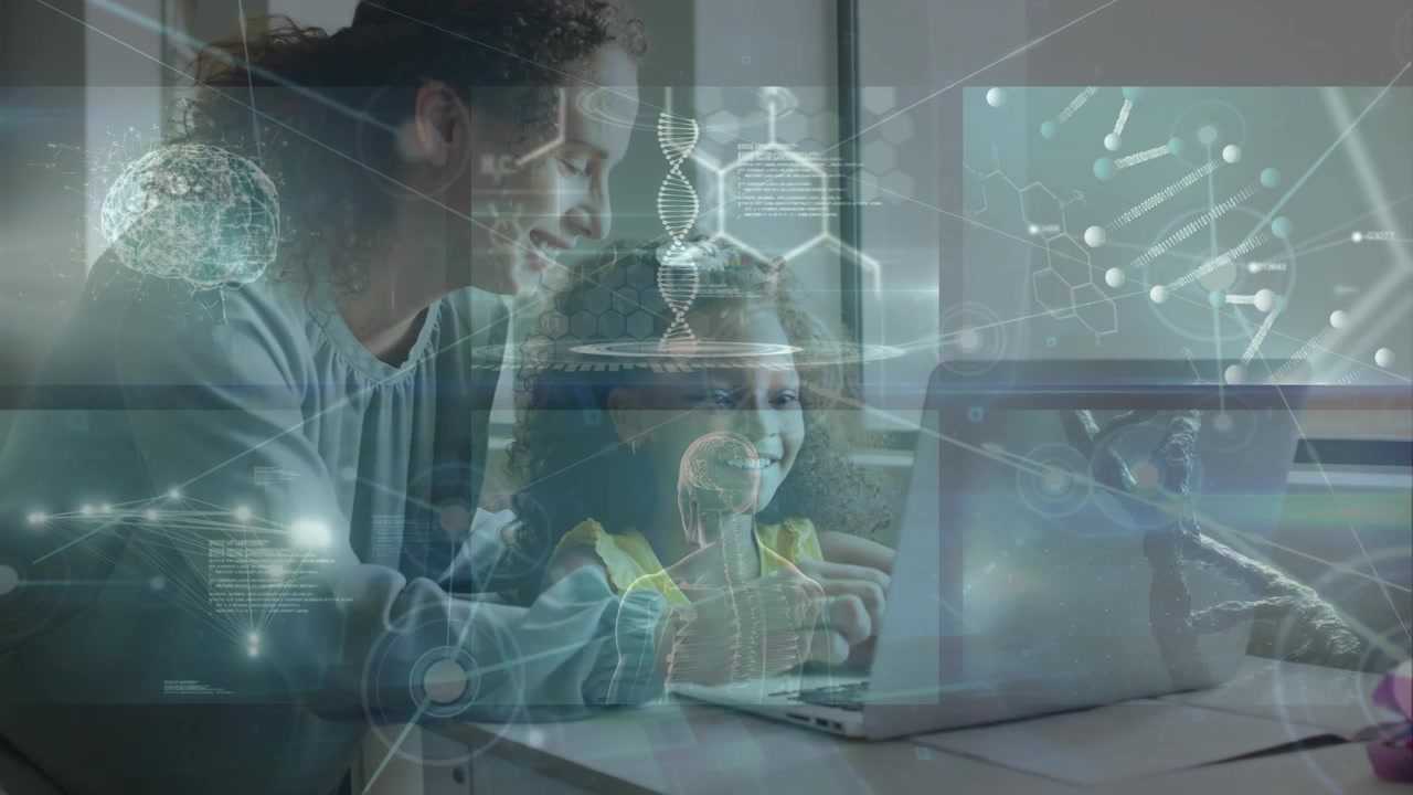 Animation of connections over caucasian female teacher and african american girl with laptop