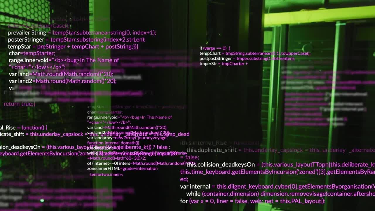 Animation of multicolored computer language over illuminated data server systems in server room