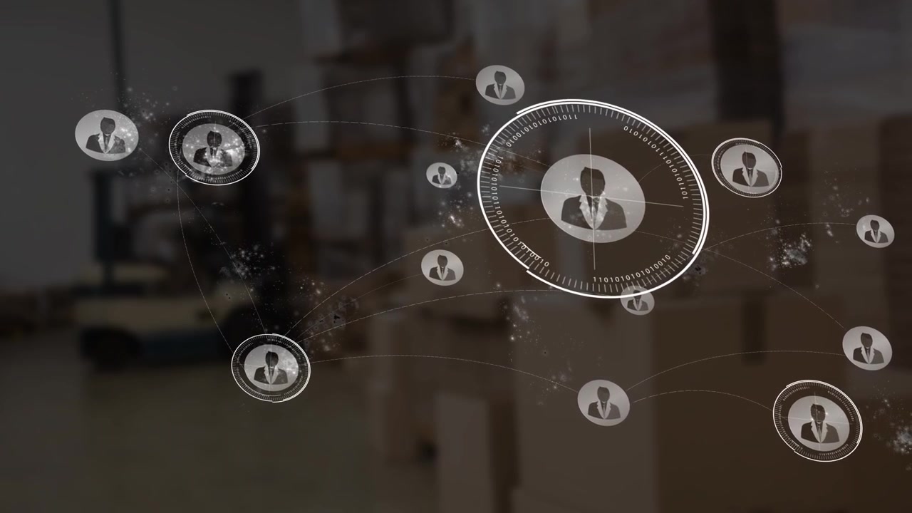 Animation of scope scanning and network of connections with people icons over warehouse