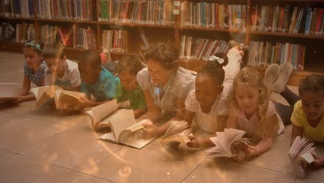 Animation-of-books-moving-over-happy-diverse-school-kids-reading-book-at-school