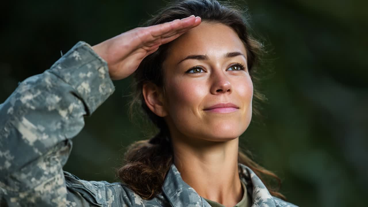 Steadfast Soldier: A Confident Military Woman Saluting with Pride and Determination, Showcasing Strength, Commitment, and Honor in a Moment of Reflection and Respect for Duty in Nature's Embrace
