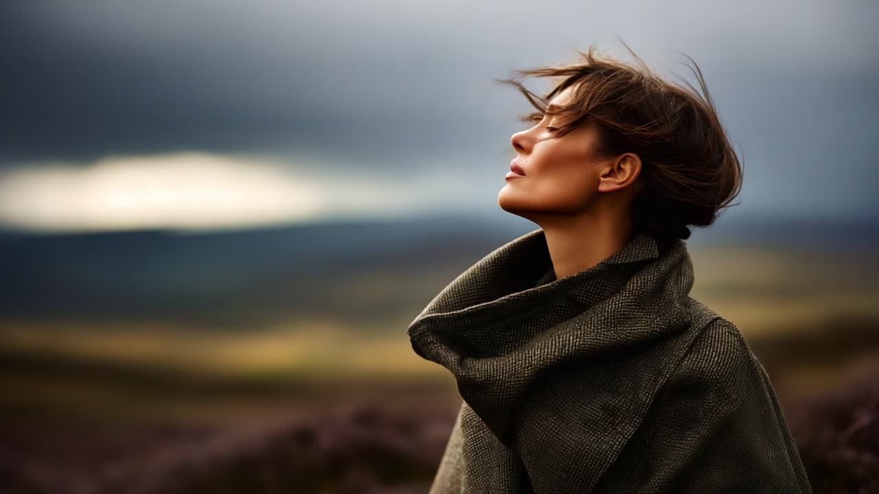 A contemplative moment captured against a dramatic sky, showcasing a woman enjoying the serenity of nature, wrapped in a cozy shawl while her hair flows in the gentle wind