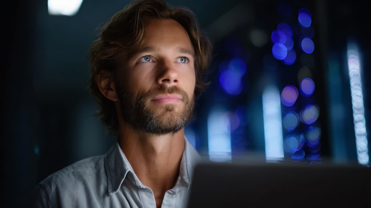 A focused individual engaged in thoughtful reflection while working on a laptop, illuminated by soft ambient lighting and colorful bokeh effects in the background