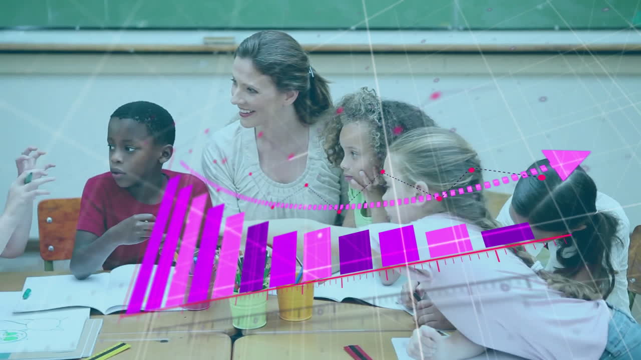 animación del procesamiento de datos financieros sobre diversos escolares y maestras en el aula