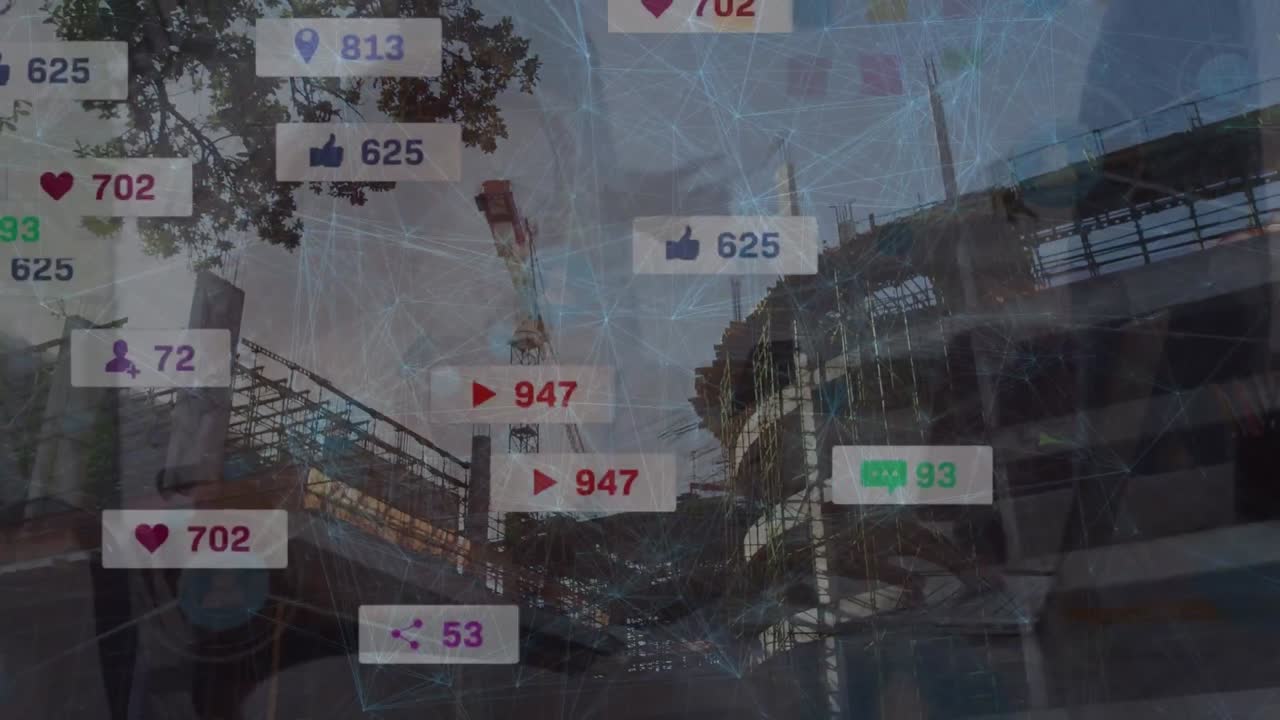 건물 현장 위에 미디어 아이콘으로 연결된 네트워크의 애니메이션