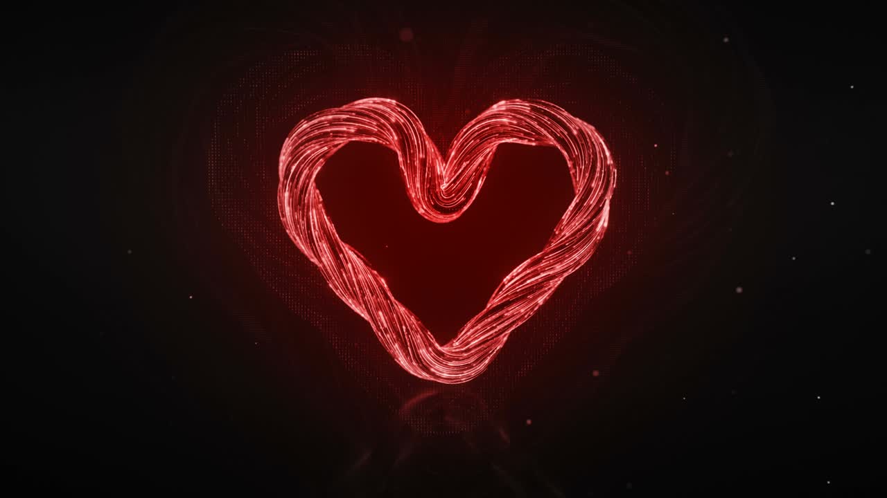 Red heart shape of glow light trails 3D render seamless loop animation