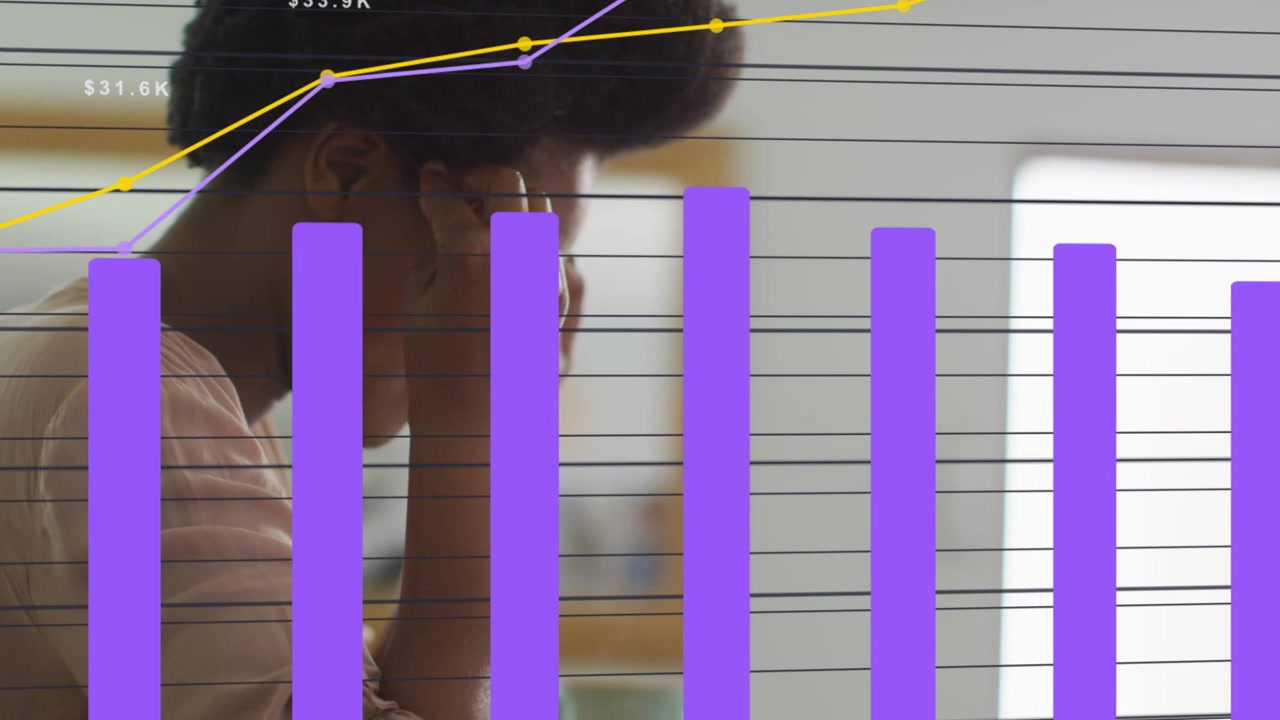 Woman leaning in office with finance charts appearing near her, reaching and analyzing data