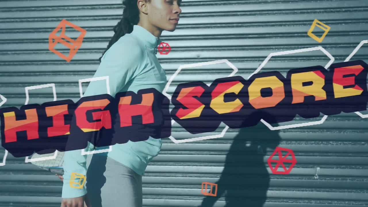 Animation of words high score over woman stretching outside