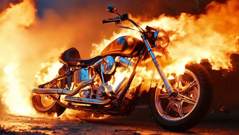 a motorcycle is engulfed by flames on the road