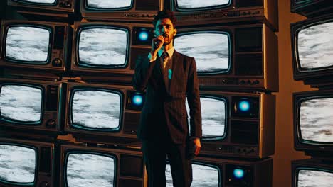 man singing in front of retro tvs