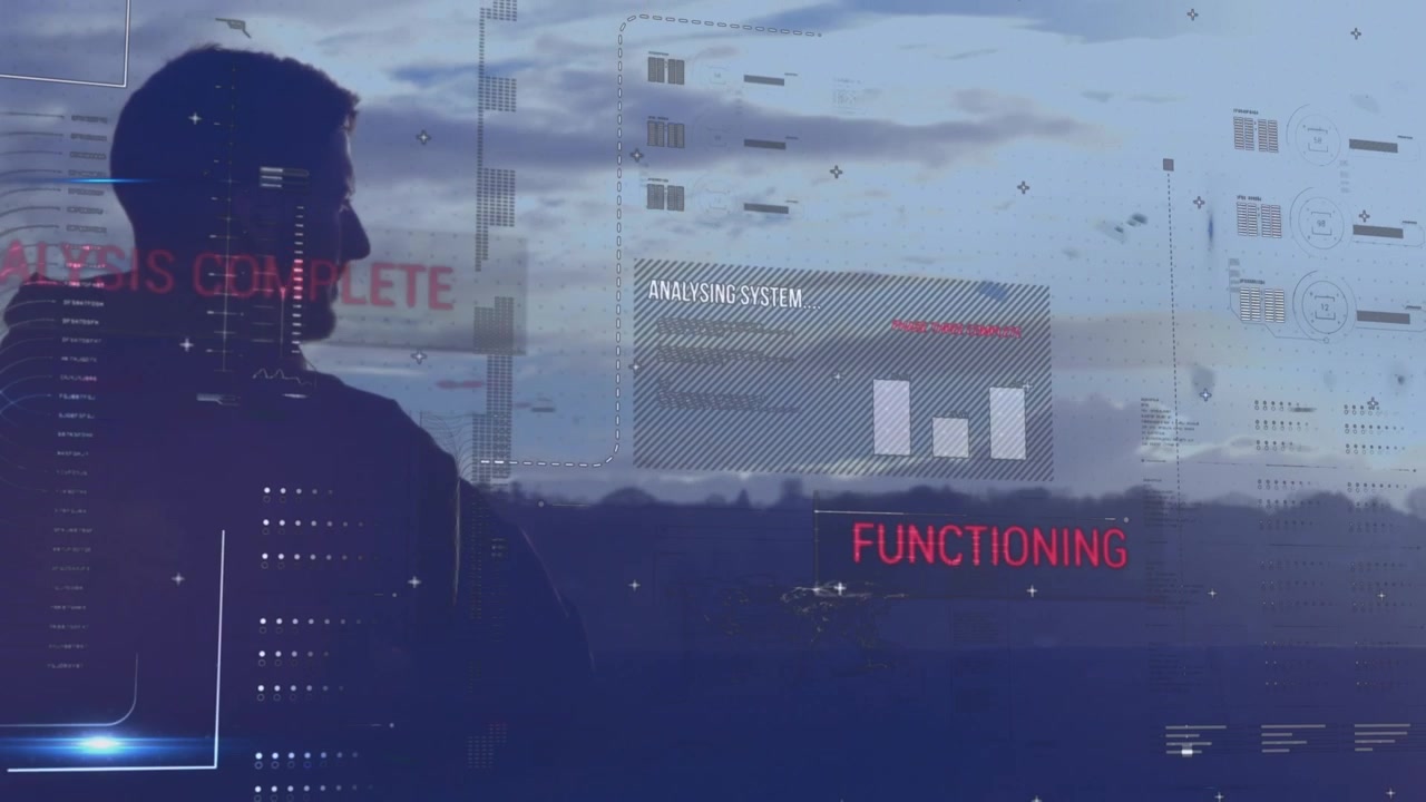 Animation of diverse data over caucasian man looking at sunset