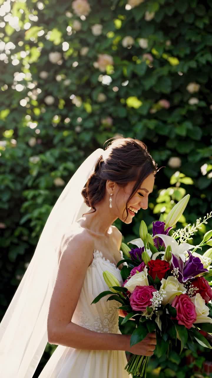 Una sposa di profilo che tiene un bouquet, ripresa in un giardino soleggiato. Lo stile video utilizza una morbida illuminazione