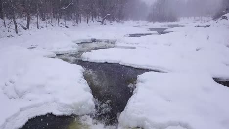 slow motion tilt up to reveal a windy winter river during a snow storm