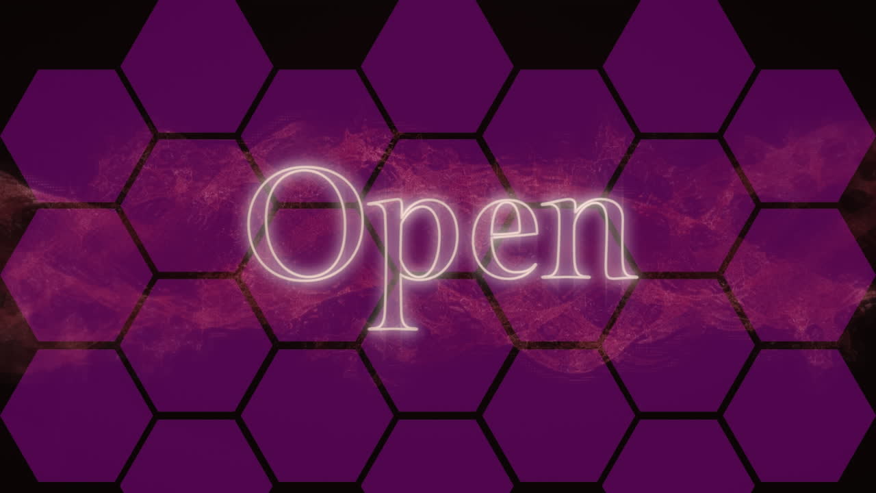 Animation of open text in white neon with pink vapour cloud over purple hexagon grid
