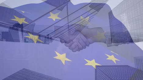 animación de la unión europea ondeando la bandera sobre el paisaje urbano