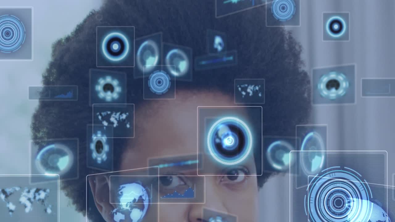 Animation of data processing over african american woman