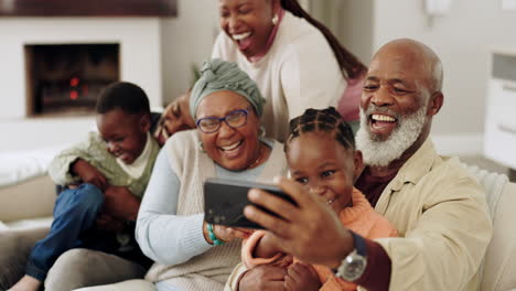 black family, selfie and happy on sofa at home