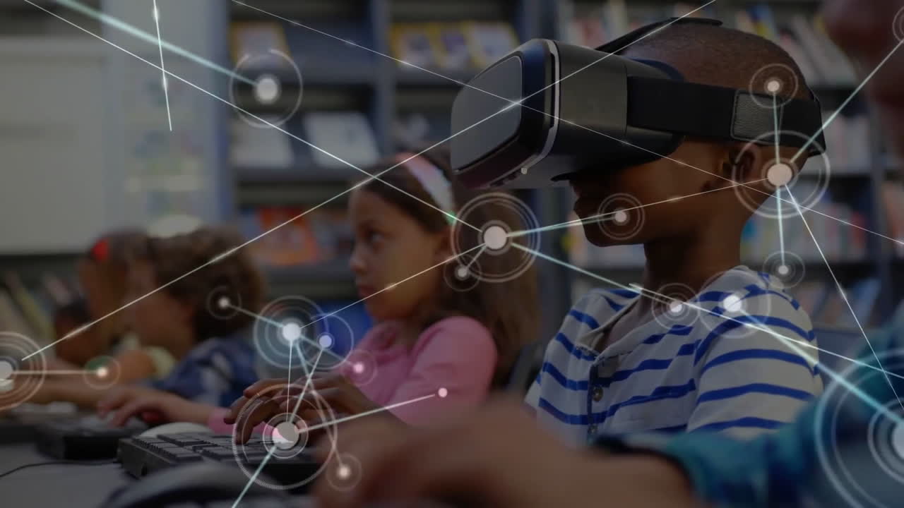 vr 헤드 ⁇ 을 착용 한 학교 소년과의 연결 네트워크