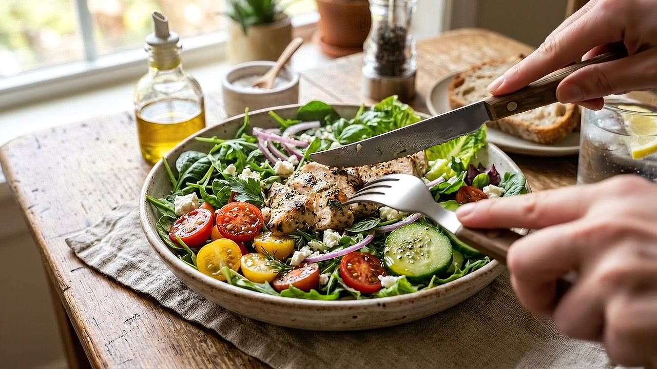 Ensaladera gourmet de pollo a la parrilla con pepinos y aderezo cremoso