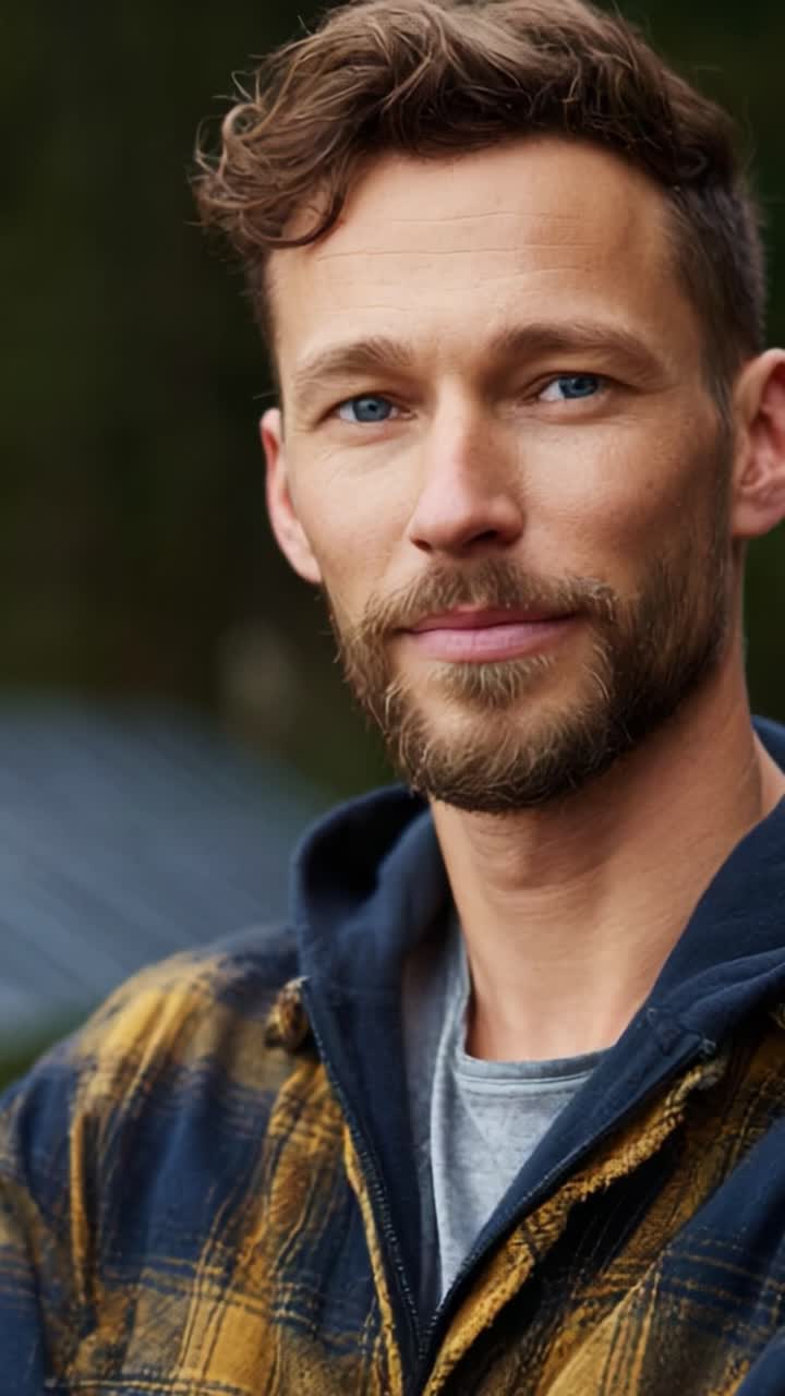 A close-up portrait of a young man with a well-groomed beard, styled hair, and captivating blue eyes, showcasing a confident expression while wearing a plaid jacket, highlighting his approachable personality
