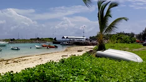 la digue seychelles tropical island beach with boats docked and palm trees