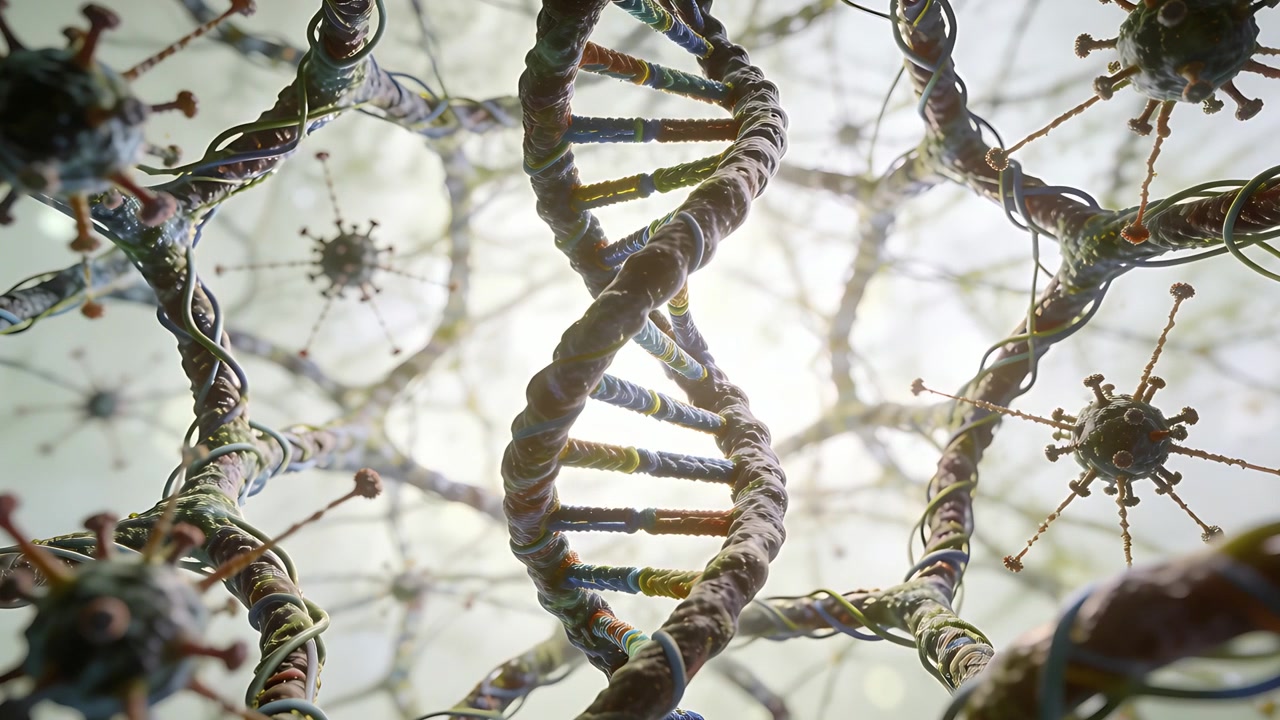 Kamera zoomt, Doppelhelix dreht sich und enthüllt geflochtene Stränge in einer CGI-Matrix mit stacheligen Kugeln.