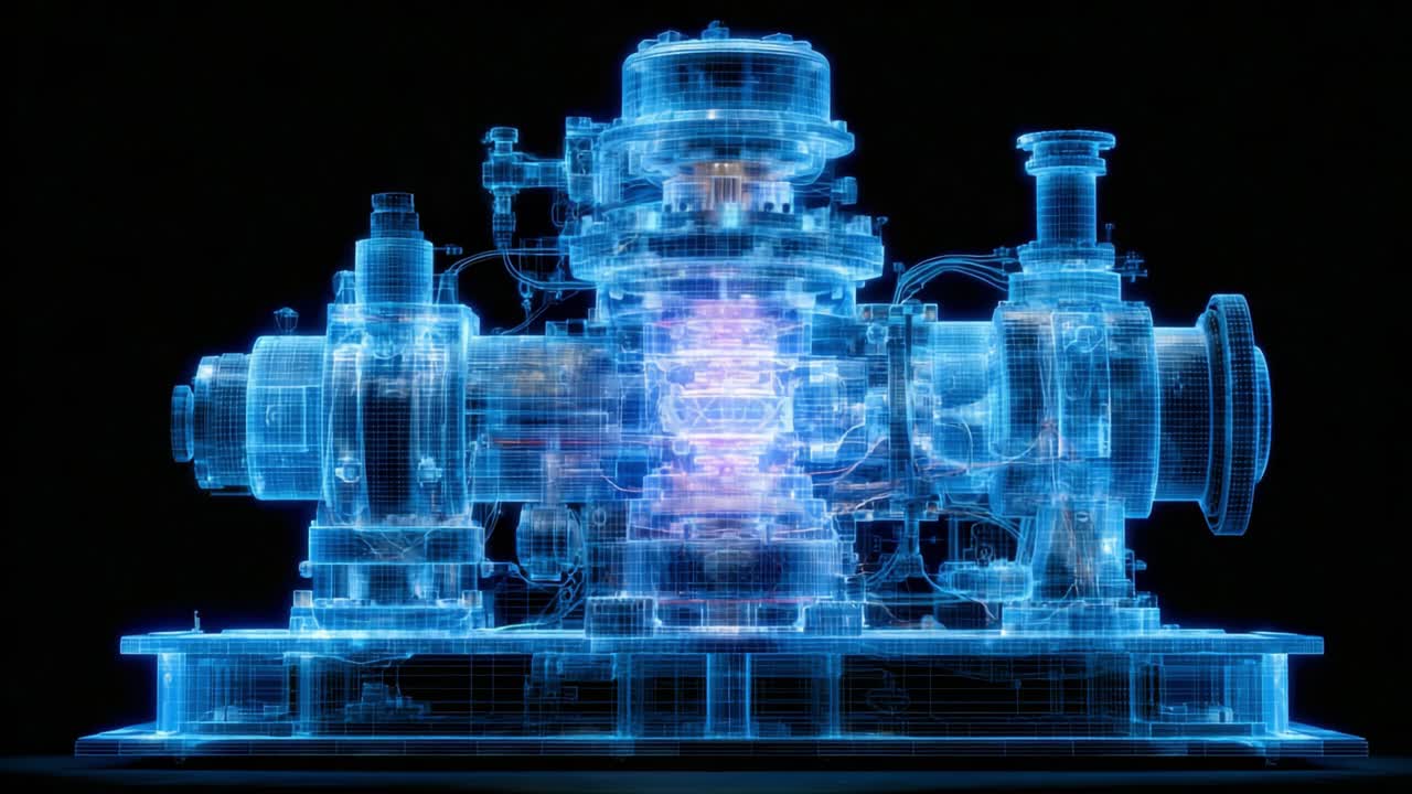A Futuristic 3D Rendering of a Complex Turbine Engine Featuring Detailed Components and a Vibrant Inner Mechanism in a Neon Blue Visualization