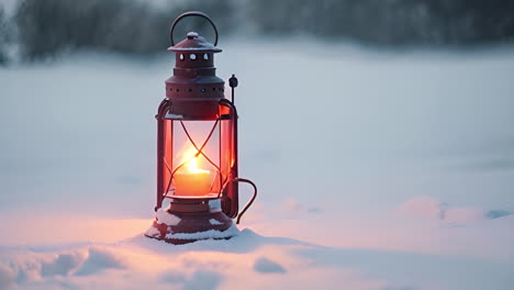 red lantern illuminating snowy landscape
