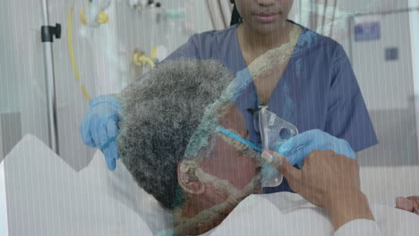 animation of dna strand over african american female doctor giving oxygen to senior female patient