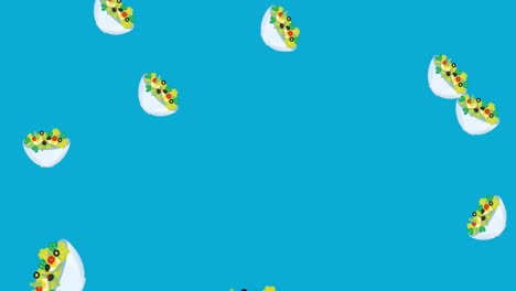 Animation-of-white-bowls-of-egg-salad-falling-on-blue-background