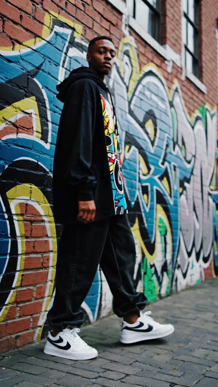 Urban street style video concept with a low-angle shot of a person in casual wear